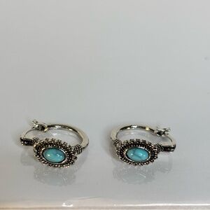 Turquoise Stone Silver Hoop Earrings - Women Jewelry